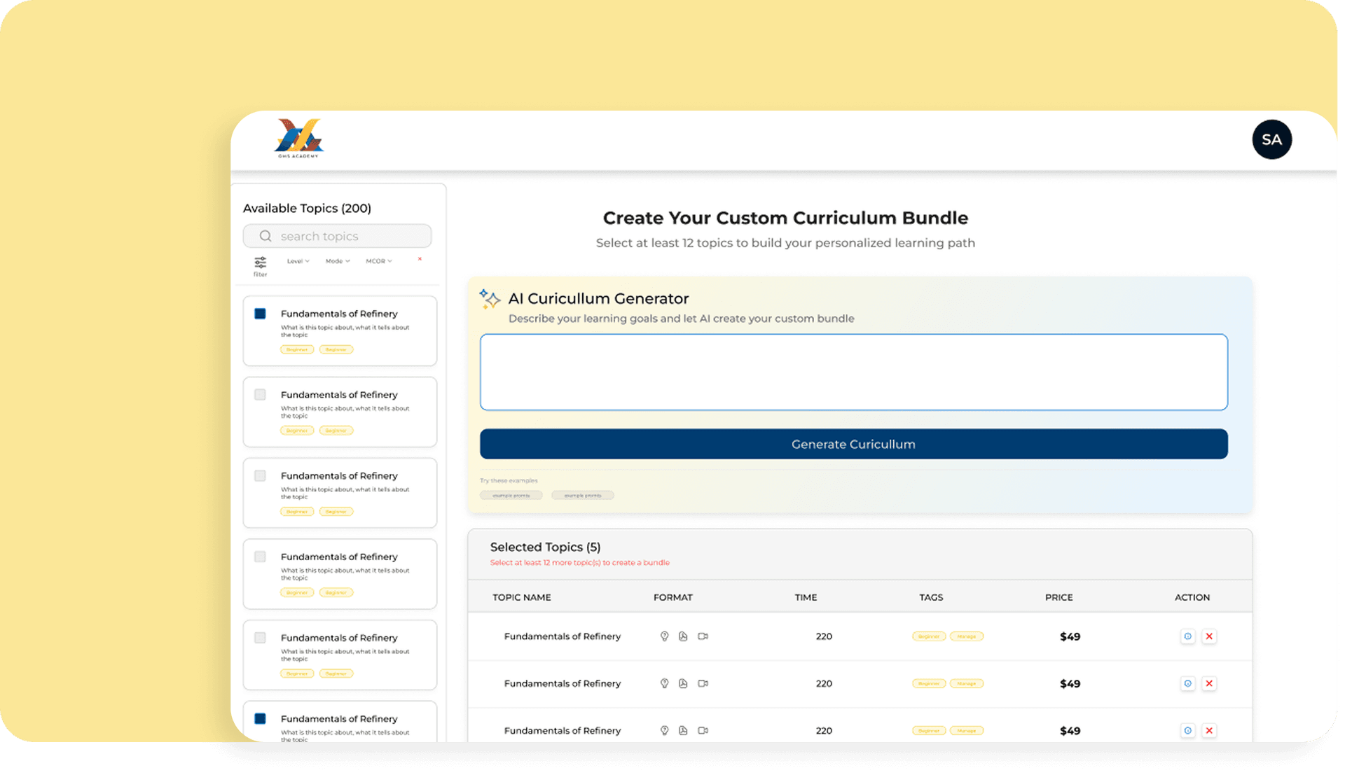 Custom curriculum builder